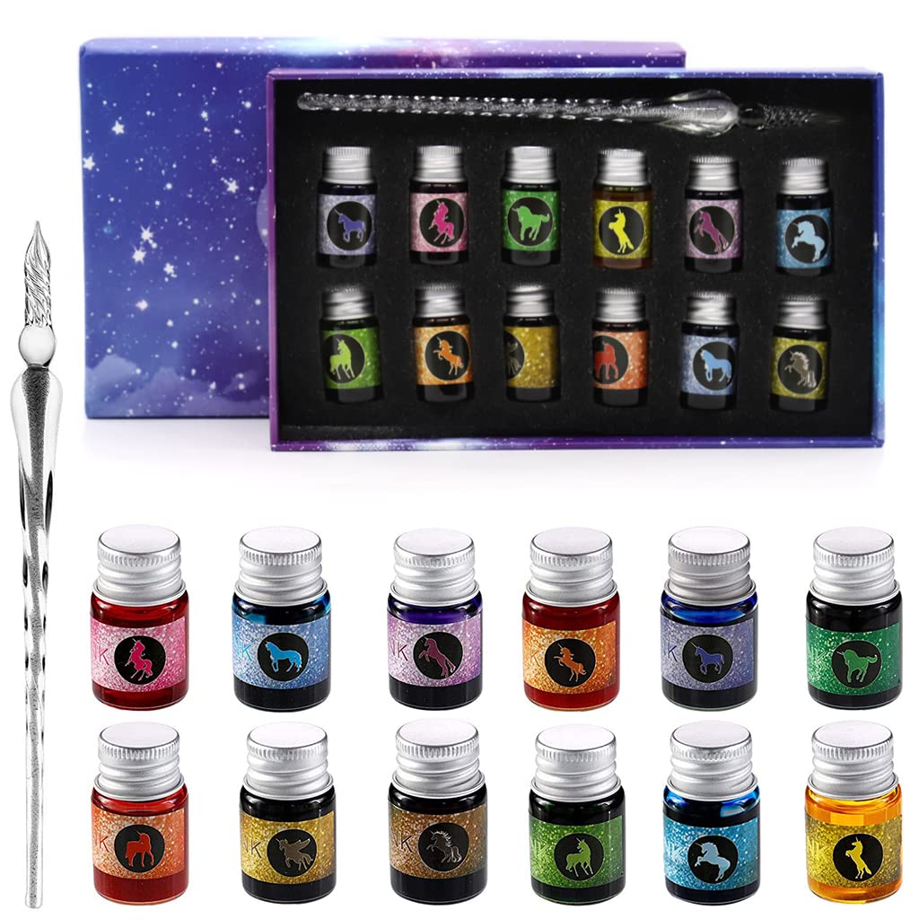 Climberty Glass Dip Pen Set, Calligraphy Pens and Ink Set - 12 Colors Ink, Crystal Glass Pen Set for Art, Writing, Drawing, Signatures, Gift for Kids and Artist Climberty Glass Dip Pen Set, Calligraphy Pens and Ink Set - 12 Colors Ink, Crystal Glass Pen Set for Art, Writing, Drawing, Signatures, Gift for Kids and Artist